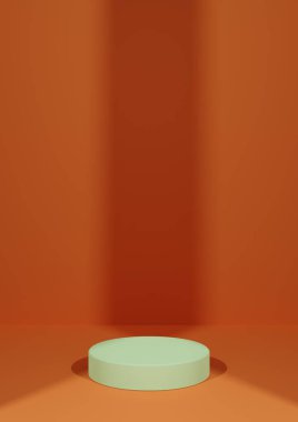 Neon turuncu, parlak kırmızı 3D basit, minimal, boş ürün fotoğrafçılığı arka planda bir silindir podyum standı ve iki ışık noktası merkezli ve dikey