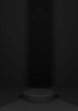 Siyah, koyu gri, siyah ve beyaz 3D basit, minimal, boş ürün fotoğrafçılığı arkaplanı bir silindir podyum standı ve iki ışık noktası merkezli ve dikey