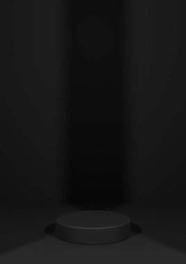 Siyah, koyu gri, siyah ve beyaz 3D basit, minimal, boş ürün fotoğrafçılığı arkaplanı bir silindir podyum standı ve iki ışık noktası merkezli ve dikey