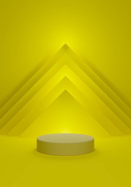 Parlak, neon sarısı 3D illüstrasyon basit, minimal ürün gösterimi. Bir silindir standında soyut piramit üçgeni ve arka planda ışıklar var.