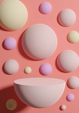 Parlak, neon, somon pembesi 3d İllüstrasyon basit minimal ürün arkaplan görünümü soyut renkli baloncuklar veya küreler podyum ürün fotoğrafçılığı veya duvar kağıdı için