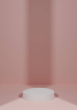 Pastel, açık kırmızı, somon pembesi 3D basit, minimal, boş ürün fotoğrafçılığı arka planda bir silindir podyum standı ve iki ışıklandırma noktası ışık merkezli ve dikey
