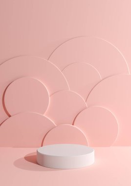 Pastel, açık kırmızı, somon pembesi 3D basit, minimal, boş ürün fotoğrafçılığı bir silindir podyum standı ve kozmetik ürünler için arka planda yuvarlak baloncuklar.