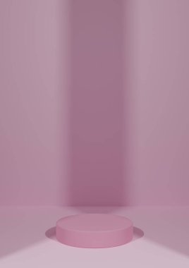Light, pastel, lavender pink 3D rendering simple, minimal, blank product photography display background with one cylinder podium stand with two lights shining spot light centered and vertical