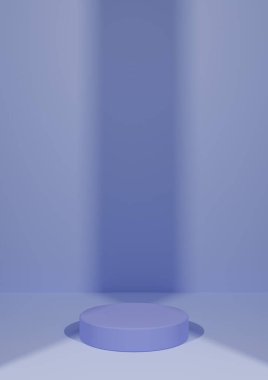 Light, pastel blue 3D rendering simple, minimal, blank product photography display background with one cylinder podium stand with two lights shining spot light centered and vertical