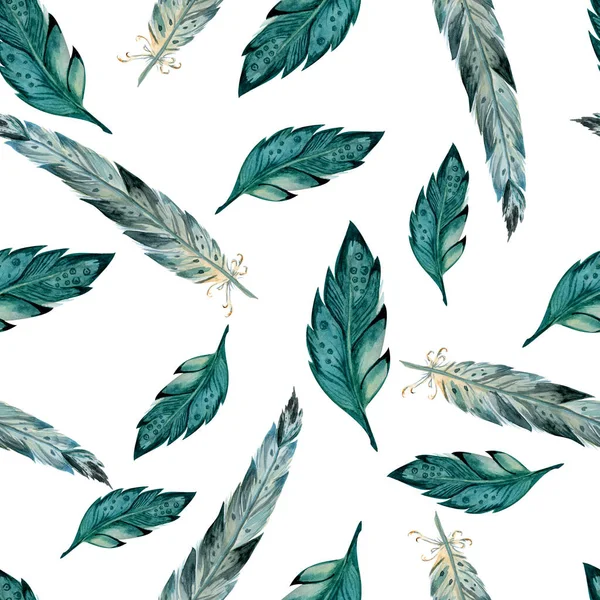 Suluboya kuşların tüyleri bohem desenli. Elle çizilmiş tüyleri olan kusursuz bir doku. Tasarımın için illüstrasyon. Parlak renkler.