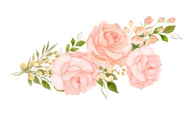 Çiçek ve yapraklı suluboya kompozisyonu, beyaz arka planda izole edilmiş.