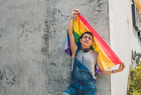 Gay Chlap Brýlemi Zvedající Vlajku Lgbt Šedé Městské Zdi Slunečný — Stock fotografie