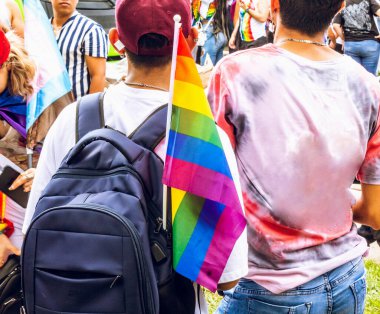 Açık havada güneşli bir günde lgbt bayrağı taşıyan genç çocuklar.