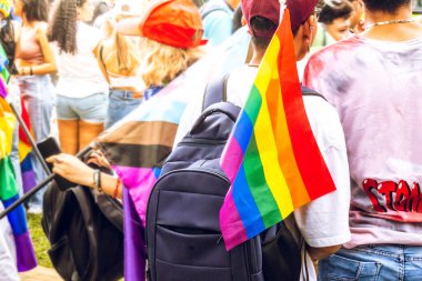 teen boys students with lgbt flag in prime on sunny day outdoors