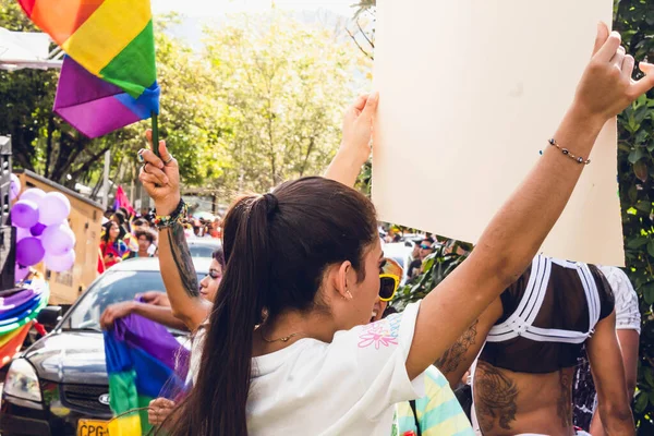 Lgbt People Protesting Lgbt Rights City Sunny Day Flags Banners — Foto de Stock