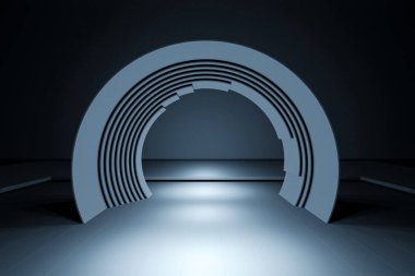 Şebeke çizgisi arkaplanlı zarif fütürist ışık ve yansıma. Moda podyumu. Podyum pisti sahnesi. Gece kulübünün içi boş, tünel ya da koridor, parlayan paneller. 3d hazırlayıcı