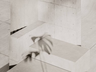 Ürün sunumu için minimum soyut kozmetik arka plan. Güneş gölgesi, gri beton duvarda yaprak gölgesi. Podyum geometri şekilli sahneyi taklit et. 3 Boyutlu Hazırlama