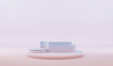 Yuvarlak podyum, küp ve soyut arkaplan sahnesi. Mozaik fayanslar, pastel mavi ve pembe renkler. Sosyal medya afişleri, promosyon, kozmetik ürün fuarı için 3D moda hazırlama.