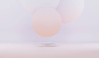 Yuvarlak podyum, küp ve soyut arkaplan sahnesi. Mozaik fayanslar, pastel mavi ve pembe renkler. Sosyal medya afişleri, promosyon, kozmetik ürün fuarı için 3D moda hazırlama.
