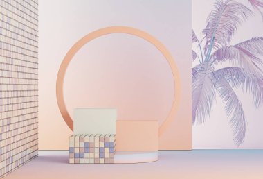Yuvarlak podyum, küp ve soyut arkaplan sahnesi. Mozaik fayanslar, pastel mavi ve pembe renkler. Sosyal medya afişleri, promosyon, kozmetik ürün fuarı için 3D moda hazırlama.