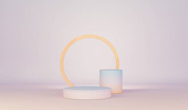 Yuvarlak podyum, küp ve soyut arkaplan sahnesi. Mozaik fayanslar, pastel mavi ve pembe renkler. Sosyal medya afişleri, promosyon, kozmetik ürün fuarı için 3D moda hazırlama.