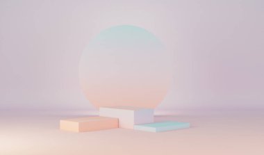 Yuvarlak podyum, küp ve soyut arkaplan sahnesi. Mozaik fayanslar, pastel mavi ve pembe renkler. Sosyal medya afişleri, promosyon, kozmetik ürün fuarı için 3D moda hazırlama.