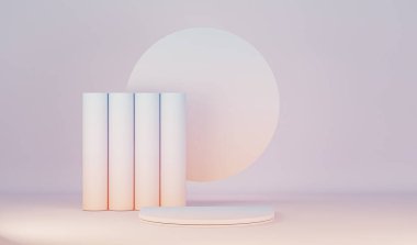 Yuvarlak podyum, küp ve soyut arkaplan sahnesi. Mozaik fayanslar, pastel mavi ve pembe renkler. Sosyal medya afişleri, promosyon, kozmetik ürün fuarı için 3D moda hazırlama.