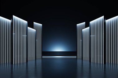 Şebeke çizgisi arkaplanlı zarif fütürist ışık ve yansıma. Moda podyumu. Podyum pisti sahnesi. Gece kulübünün içi boş, tünel ya da koridor, parlayan paneller. 3d hazırlayıcı