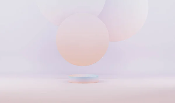 Yuvarlak podyum, küp ve soyut arkaplan sahnesi. Mozaik fayanslar, pastel mavi ve pembe renkler. Sosyal medya afişleri, promosyon, kozmetik ürün fuarı için 3D moda hazırlama.