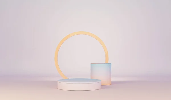 Yuvarlak podyum, küp ve soyut arkaplan sahnesi. Mozaik fayanslar, pastel mavi ve pembe renkler. Sosyal medya afişleri, promosyon, kozmetik ürün fuarı için 3D moda hazırlama.
