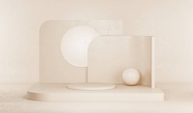 Podyum ve soyut arkaplanı olan en küçük sahne. Pastel krem ve bej sahne. Sosyal medya afişleri, tanıtım ve kozmetik ürünler için 3D moda. Geometrik şekiller iç kısımda.
