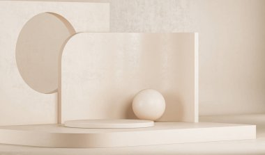 Podyum ve soyut arkaplanı olan en küçük sahne. Pastel krem ve bej sahne. Sosyal medya afişleri, tanıtım ve kozmetik ürünler için 3D moda. Geometrik şekiller iç kısımda.