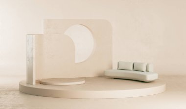 Podyum ve soyut arkaplanı olan en küçük sahne. Pastel krem ve bej sahne. Sosyal medya afişleri, tanıtım ve kozmetik ürünler için 3D moda. Geometrik şekiller iç kısımda.