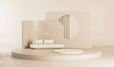 Podyum ve soyut arkaplanı olan en küçük sahne. Pastel krem ve bej sahne. Sosyal medya afişleri, tanıtım ve kozmetik ürünler için 3D moda. Geometrik şekiller iç kısımda.