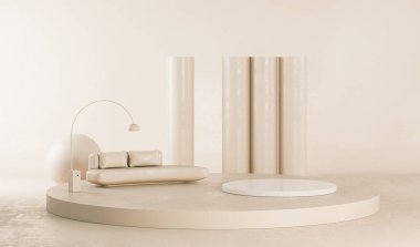 Podyum ve soyut arkaplanı olan en küçük sahne. Pastel krem ve bej sahne. Sosyal medya afişleri, tanıtım ve kozmetik ürünler için 3D moda. Geometrik şekiller iç kısımda.