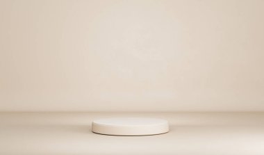 Premium podyum ve soyut arkaplanı olan minimum bir sahne. Pastel krem ve bej sahne. Sosyal medya afişleri, tanıtım ve kozmetik ürünler için 3D moda. Geometrik şekiller iç kısımda.
