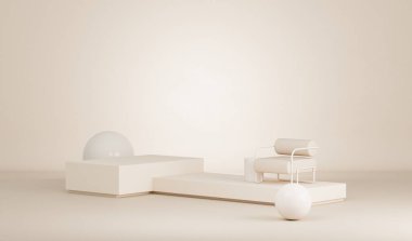 Premium podyum ve soyut arkaplanı olan minimum bir sahne. Pastel krem ve bej sahne. Sosyal medya afişleri, tanıtım ve kozmetik ürünler için 3D moda. Geometrik şekiller iç kısımda.