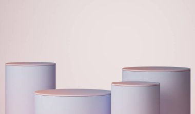 Yuvarlak podyumlu ve soyut arkaplanlı minimal sahne. Pastel mavi ve mercan renkleri sahnesi. Sosyal medya afişleri, tanıtım ve kozmetik ürünler için 3D moda. Geometrik şekiller iç kısımda