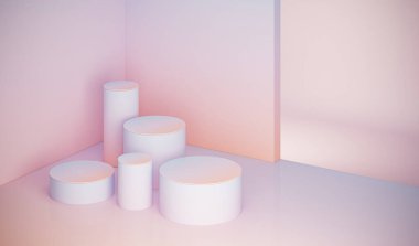 Doğal güzellik podyumu, minimum küp kutusu ve soyut arka plan. Pastel mavi ve mercan renkleri sahnesi. Sosyal medya afişleri, promosyon, kozmetik ürün fuarı için 3D moda hazırlama.