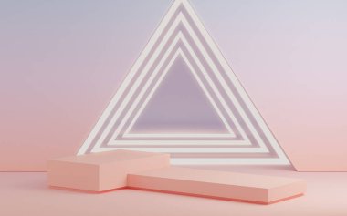 Doğal güzellik podyumu, minimum küp kutusu ve soyut arka plan. Pastel mavi ve mercan renkleri sahnesi. Sosyal medya afişleri, promosyon, kozmetik ürün fuarı için 3D moda hazırlama.