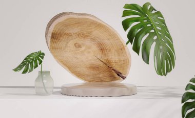 Tahta ürün, doğa yapraklarıyla podyum, beyaz arka planda kozmetik şişe. Ürün sunumu için en düşük model konsepti. Sosyal medya afişleri, promosyon, stüdyo için 3D modaName