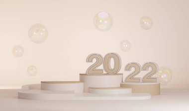 Ürün podyum pastel kremi ve altın geometri arka planı. 2022 bayramı için maket konsepti, kutlama etkinlikleri, ürün sunumu. Sosyal medya afişleri, stüdyo ve iç mekan için 3D modaName.