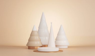 Topların, çam ağaçlarının, podyumun ve hediyenin olduğu küçük bir sahne. Altın ve pastel renkli arka plan. Yeni yıl için, Noel tatili kış konsepti, dergiler, sosyal medya. 3 Boyutlu Hazırlama
