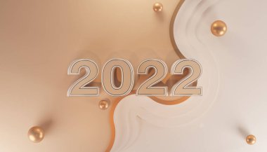 Kürsü sahnesi az, hediye kutusu altın ve pastel arka planda. Mutlu yıllar ve Noel kavramı. 3D numaralar 2022 ve mektup metni, afiş, kapak kartı, stüdyo. 3 boyutlu görüntüleme. Üst görünüm