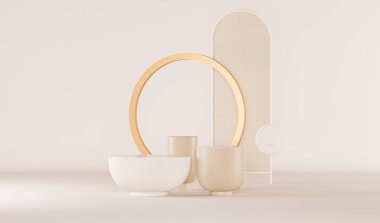 Pastel bej ve altın arka plan dekorasyonuyla lüks podyum stüdyosunu süsleyin. Ürün sunumu için en düşük model konsepti. Sosyal medya afişleri, promosyon, stüdyo için 3D modaName.