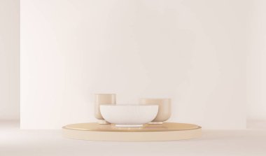 Pastel bej ve altın arka plan dekorasyonuyla lüks podyum stüdyosunu süsleyin. Ürün sunumu için en düşük model konsepti. Sosyal medya afişleri, promosyon, stüdyo için 3D modaName.