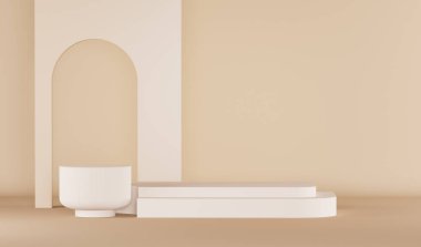 Pastel bej ve altın arka plan dekorasyonuyla lüks podyum stüdyosunu süsleyin. Ürün sunumu için en düşük model konsepti. Sosyal medya afişleri, promosyon, stüdyo için 3D modaName.
