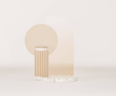 Mermer kürsüsü ve soyut arkaplanı olan asgari bir sahne. Pastel bej Art deco kemeri. Kozmetik, güzellik ürünü. Sosyal medya afişleri, promosyon, kozmetik ürün fuarı için 3D moda hazırlama.