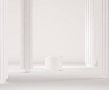 Soyut arkaplan, ürün sergisi için sütunları ve podyumu olan sahneler. 3B görüntüleme