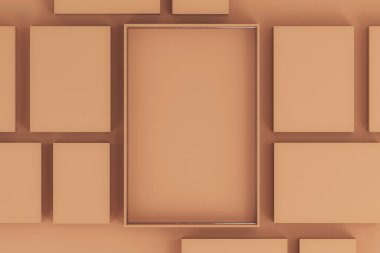 Ürün sunumu için asgari güzellik modeli. Toprak kahverengi kumaş tepsisi ve pirinç kenar. Turuncu arka planda kahverengi boş kutu. Her ögenin yolu kırpılıyor. 3 boyutlu görüntüleme. Üst Görünüm