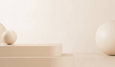 Podyum ve soyut arkaplanı olan en küçük sahne. Pastel krem ve bej sahne. Sosyal medya afişleri, tanıtım ve kozmetik ürünler için 3D moda. Geometrik şekiller iç kısımda.