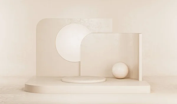 Podyum ve soyut arkaplanı olan en küçük sahne. Pastel krem ve bej sahne. Sosyal medya afişleri, tanıtım ve kozmetik ürünler için 3D moda. Geometrik şekiller iç kısımda.