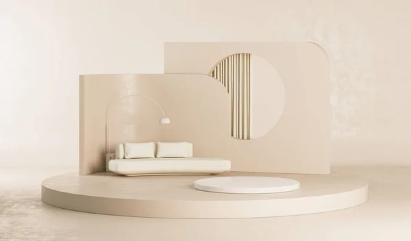 Podyum ve soyut arkaplanı olan en küçük sahne. Pastel krem ve bej sahne. Sosyal medya afişleri, tanıtım ve kozmetik ürünler için 3D moda. Geometrik şekiller iç kısımda.