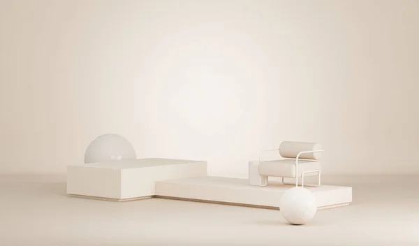 Premium podyum ve soyut arkaplanı olan minimum bir sahne. Pastel krem ve bej sahne. Sosyal medya afişleri, tanıtım ve kozmetik ürünler için 3D moda. Geometrik şekiller iç kısımda.
